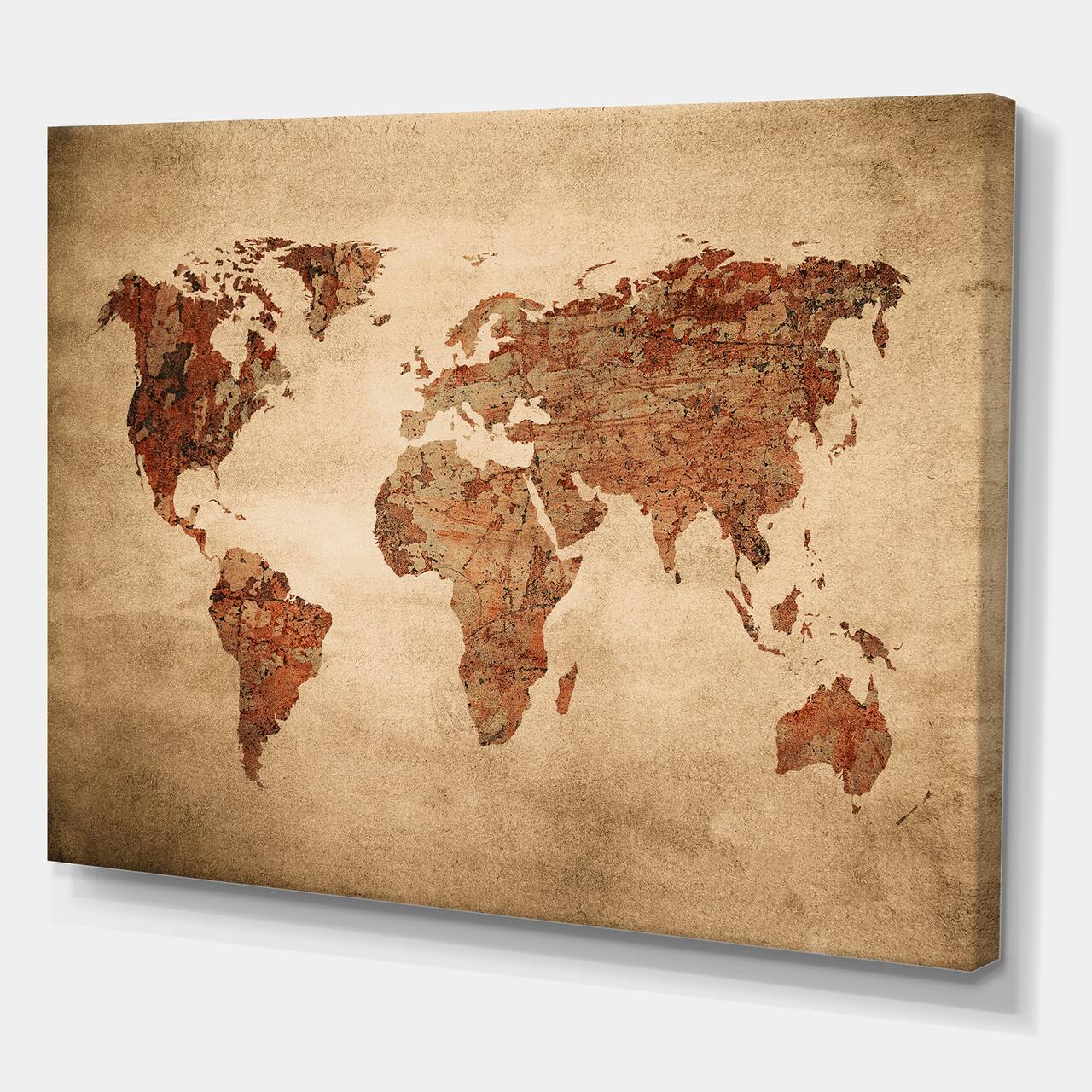 Designart - Ancient Map of The World VII - Vintage Canvas Wall Art Print